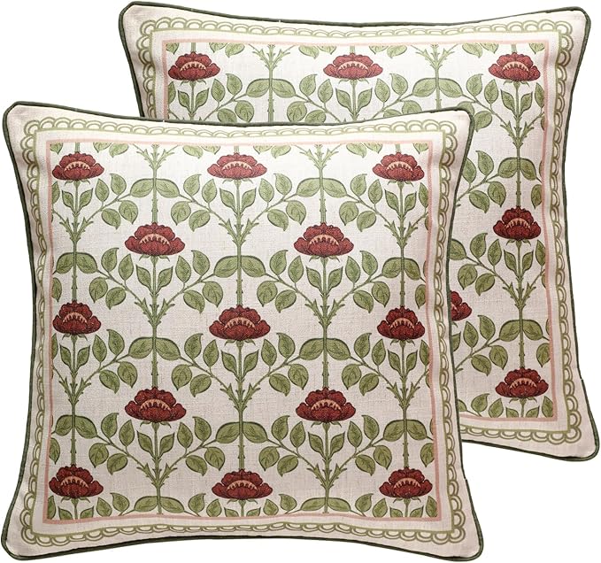 Design Linen Square Throw Pillow Covers 18"x18" Pack of 2, Yellow Green French Cushion Covers with Red Rose Floral Pattern Decoration Pillowcases for Bed, Living Room, Outdoor, Car