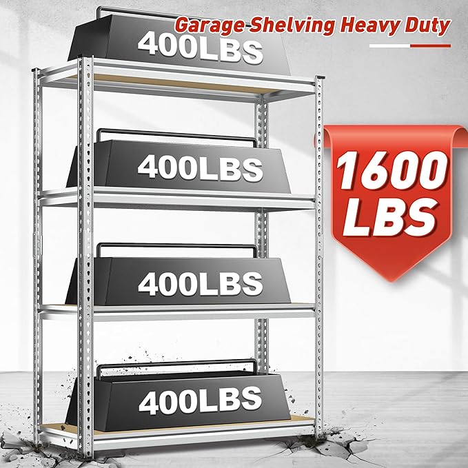 REIBII Storage Shelves Adjustable Metal Shelving 1600LBS Garage Shelves Industrial Metal Shelves 4 T ier Garage Shelving for Kitchen Pantry Closet, Sliver, 11.8" D x 23.6" W x 56.7" H