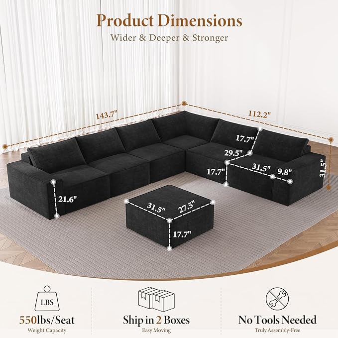 Vesgantti 143.7" Oversized Boneless Sectional Couch, Modern 6 Seater Modular Sofa with Ottoman & Deep Seat, Convertible Chenille Cloud Couches for Living Room, No Assembly Required, Black