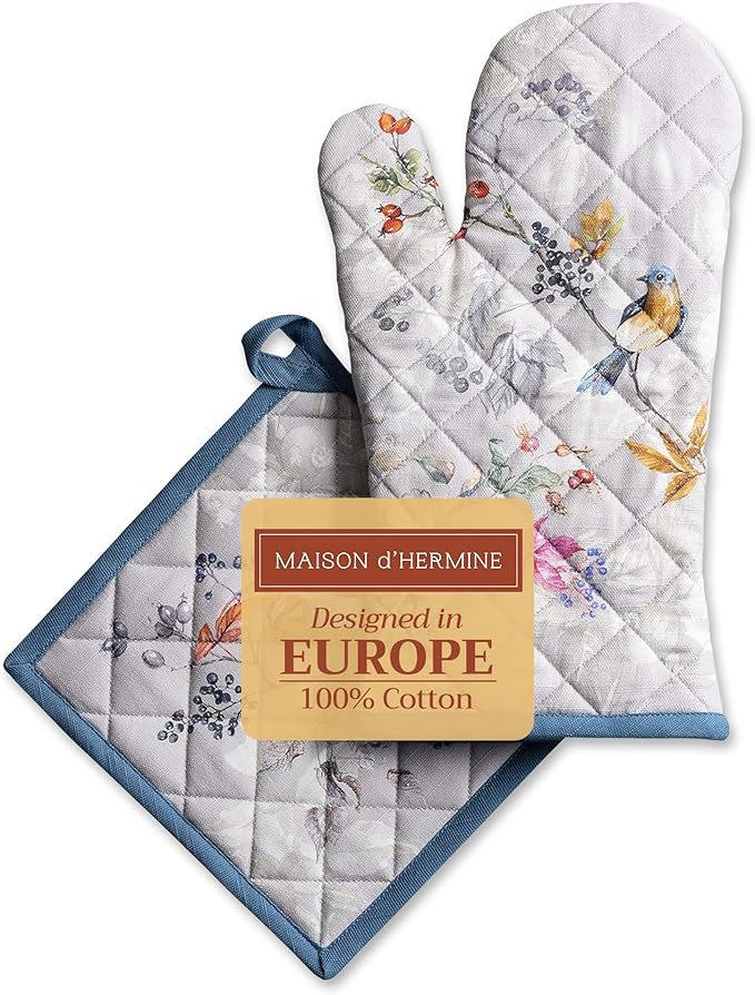 Maison d' Hermine 100% Cotton Oven Mitt & Pot Holder Set (7.5"x13" & 8"x8") Heat Resistant BBQ Cooking Gloves with Loop for Thanksgiving Christmas Decorations Handling Hot Pans (Equinoxe - Grey)