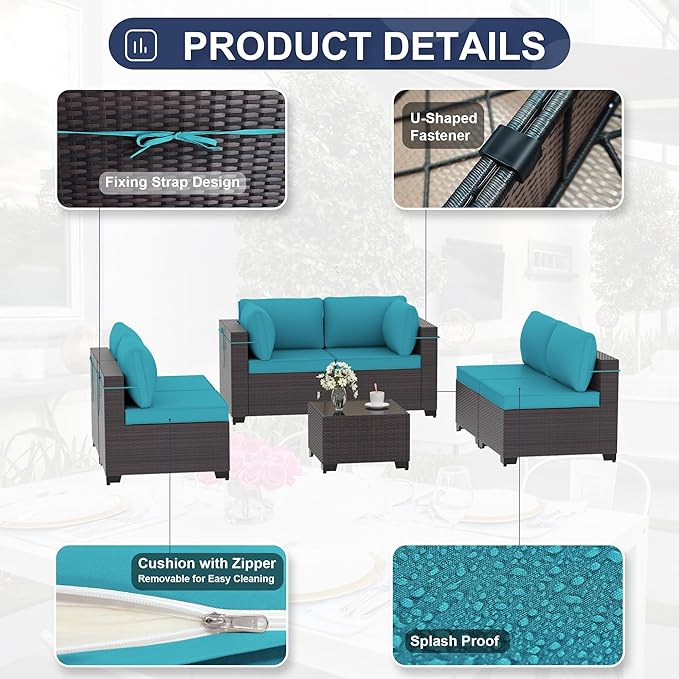 Kurapika 7 Pieces Patio Furniture Set, Rattan Wicker Outdoor Conversation Sets w/4 Inch Cushion and Glass Coffee Table(Blue)