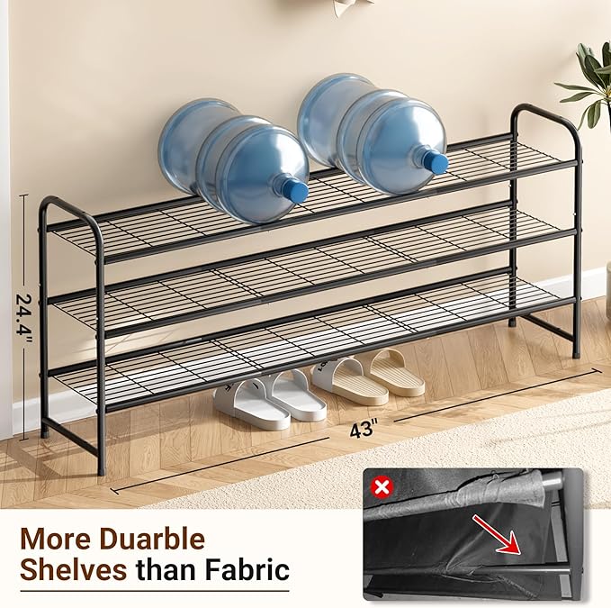 KEETDY 3-Tier Long Shoe Rack for Closet Metal Shoe Organizer for Entryway, Wide Stackable Shoe Storage Shelf with Sturdy Wire Grid for Closet Floor, Bedroom, Black