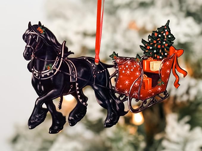 Friesian Horse Christmas Ornament, Friesian Horse Sleigh Decoration, Laser Cut Christmas Tree Decor, Horse Gifts for Women