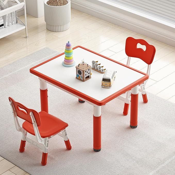 Toddler Table and 2 Chairs, Kids Table and Chair Set Height Adjustable, 31.5''L x 23.6''W Multifunctional Graffiti Desktop for Reading, Drawing, Eating, for Girls & Boys Age 2-10, Red
