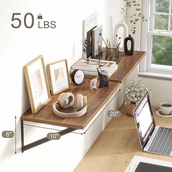 Fun Memories 20 Inch Floating Shelves, Deep Wall Shelves for Kitchen, 20 x 10 Floating Shelf for Living Room, Bedroom, Farmhouse Floating Shelves for Home Decor Storage, Walnut, Set of 2