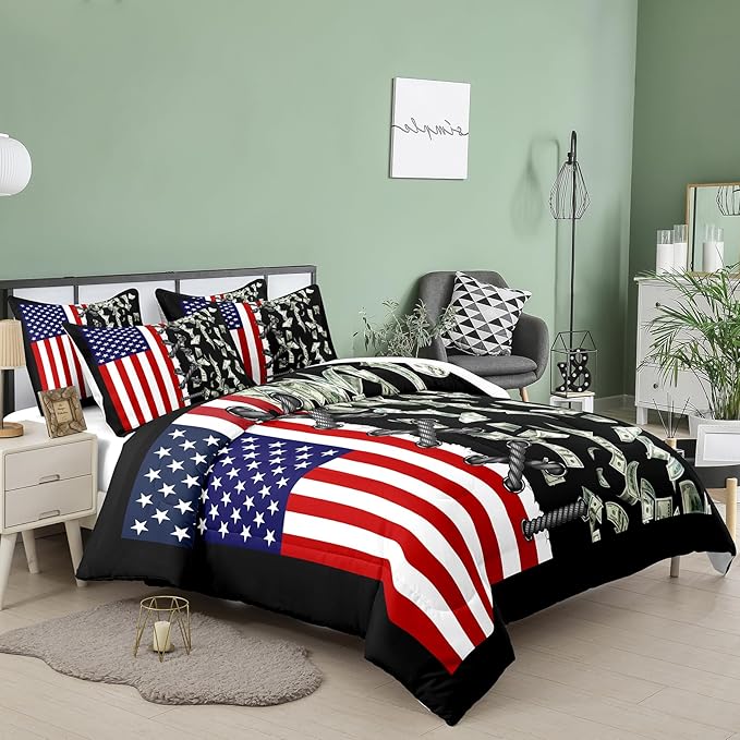 Tailor Shop American Flag Comforter Sets Twin Size,Money Comforter Set American Flag Bedding Sets for Kids Boys Teens One Hundred Dollar Bedding Sets 2 Piece with 1 Comforter and 1 Pillowcase……