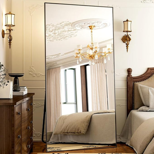 GLSLAND-38 x 77" Rectangular Full Length Mirror - Large Floor Mirrors Aluminum Alloy Frame Full Body Dressing Mirror for Bedroom, Living Room,Black