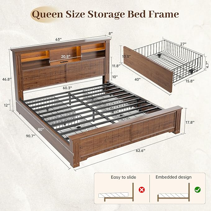 EnHomee Queen Bed Frame with 4 Storage Drawers, Bed Frame Queen Size with Headboard, Queen Bed with LED Lights & Charging Ports,No Box Spring Needed,NO Noise,Wooden, Brown