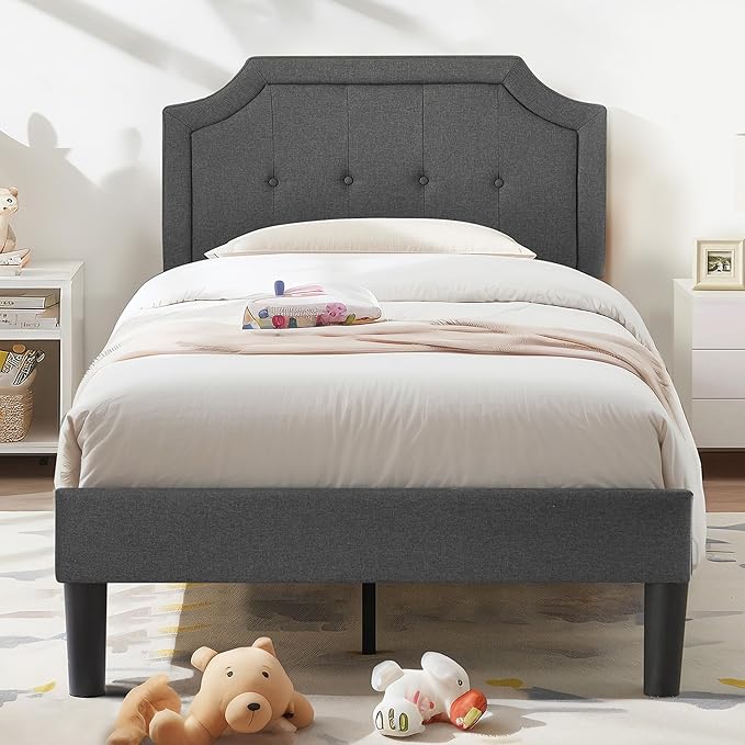VECELO Twin Upholstered Platform Bed Frame with Adjustable Button Stitched Panel Headboard,Strong Wood Slat Support,Velcro Design,Mattress Foundation/Easy Assembly,Grey