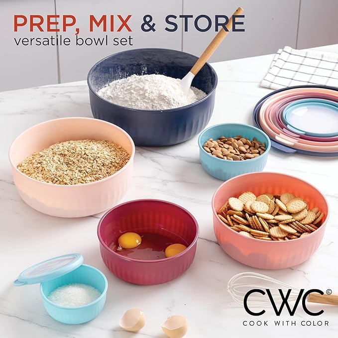 COOK WITH COLOR Prep Bowls with Lids- Wide and Deep Nesting Plastic Small Mixing Bowl Set with Lids, 12 Piece Set - Wide Bowls, Navy