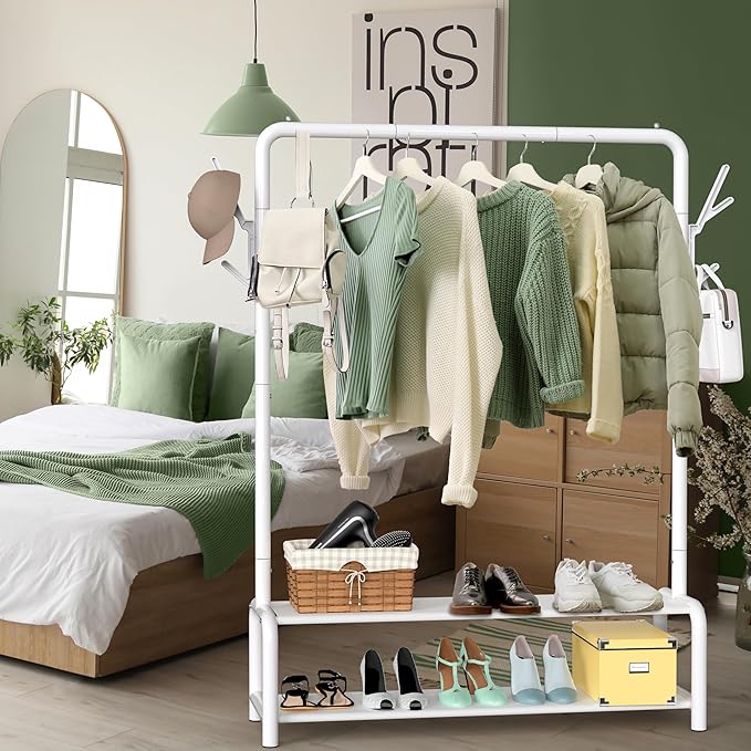 Simple Houseware 52-Inch Freestanding Closet Garment Rack with Storage Shelves and Coat/Hat Hooks, White