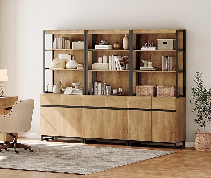 WAMPAT 3 PCS Modern 72" Tall Bookcases with Metal Base and Adjustable Shelves, Library Book Shelf with Storage Cabinet and Open Book Shelfs, Wood Bookshelves for Home Office, Living Room, Oak