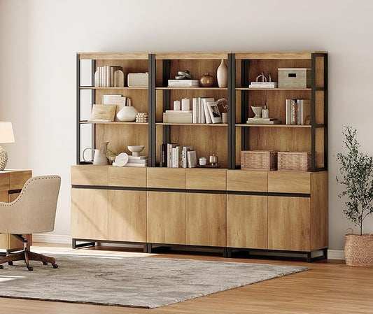 WAMPAT 3 PCS Modern 72" Tall Bookcases with Metal Base and Adjustable Shelves, Library Book Shelf with Storage Cabinet and Open Book Shelfs, Wood Bookshelves for Home Office, Living Room, Oak