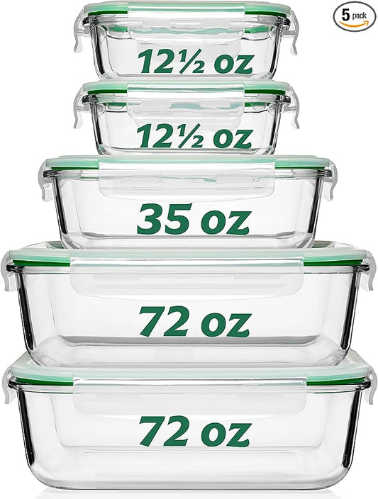 Fusion Gourmet Large Glass Food Storage Containers with Lids [5 Pack, 72 oz, 9 Cup], Airtight, Leakproof, Microwave and Oven Safe Borosilicate Glass