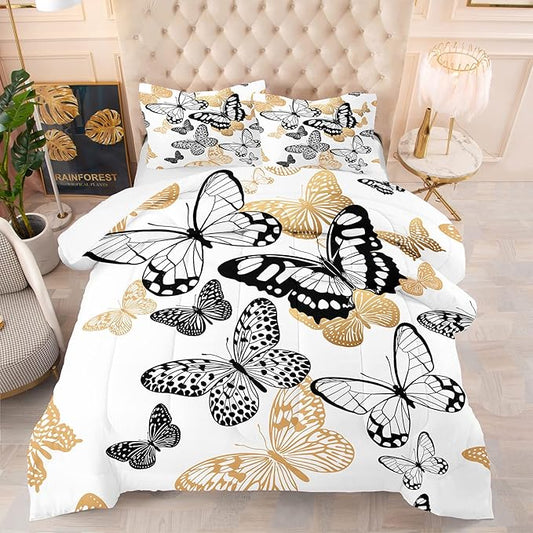 Tailor Shop Black and Gold Butterfly Comforter Set for Girls Kids Adults Ultra Soft Flying Butterfly Pattern Bedding Sets Queen Size with 1 Comforter 2 Pillowcases…