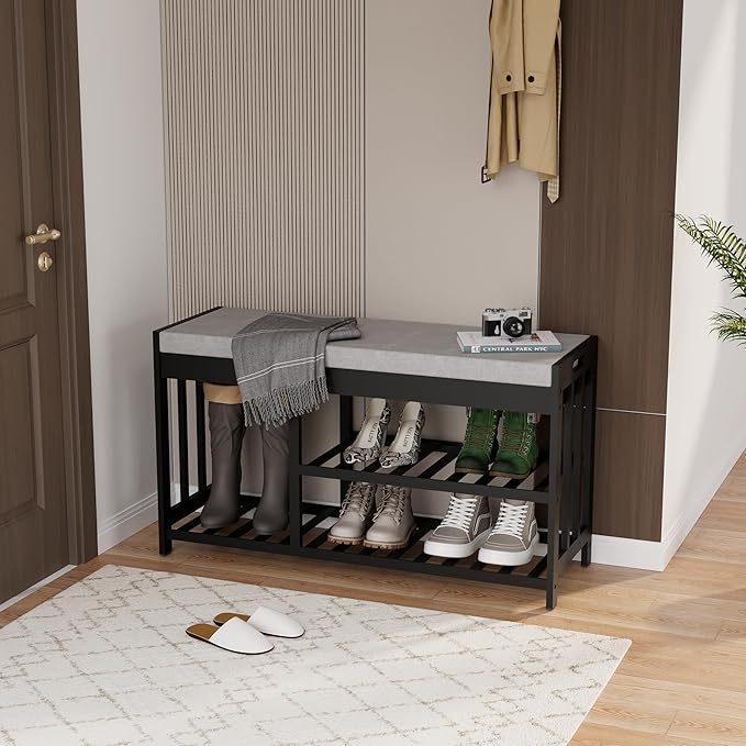 3-Tier Bamboo Shoe Rack Bench, Shoe Storage Organizer Bench, Entryway Benchs, Shoes Rack for Front Door Entrance, Entryway Bathroom Bedroom