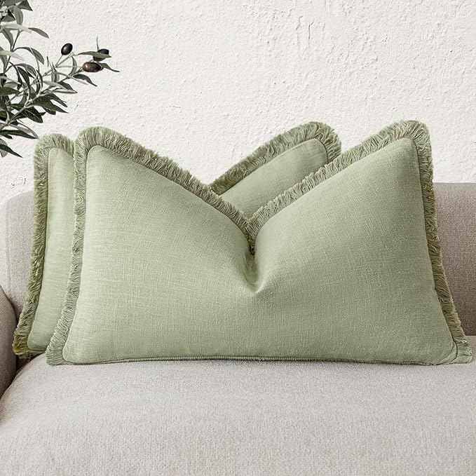 Foindtower Set of 2 Decorative Linen Fringe Lumbar Throw Pillow Covers Farmhouse Cushion Cover with Tassels Soft Accent Pillowcase for Couch Sofa Bed Living Room Home Decor,12×20 Inch,Light Sage Green