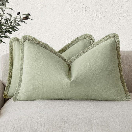 Foindtower Set of 2 Decorative Linen Fringe Throw Pillow Covers Farmhouse Cushion Cover with Tassels Lumbar Accent Pillowcase for Couch Bed Living Room Home Bedroom Decor,12×24 Inch,Light Sage Green