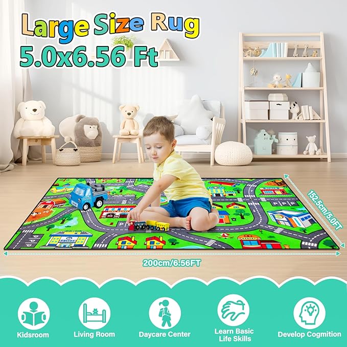Road Car Rug,City Road Rug for Kids,5x7 Ft Kids Floor Play mat,and Car Carpet Play Mat with Realistic Colors – Perfect for Children and Non-Slip for Classroom,Playroom and Bedroom