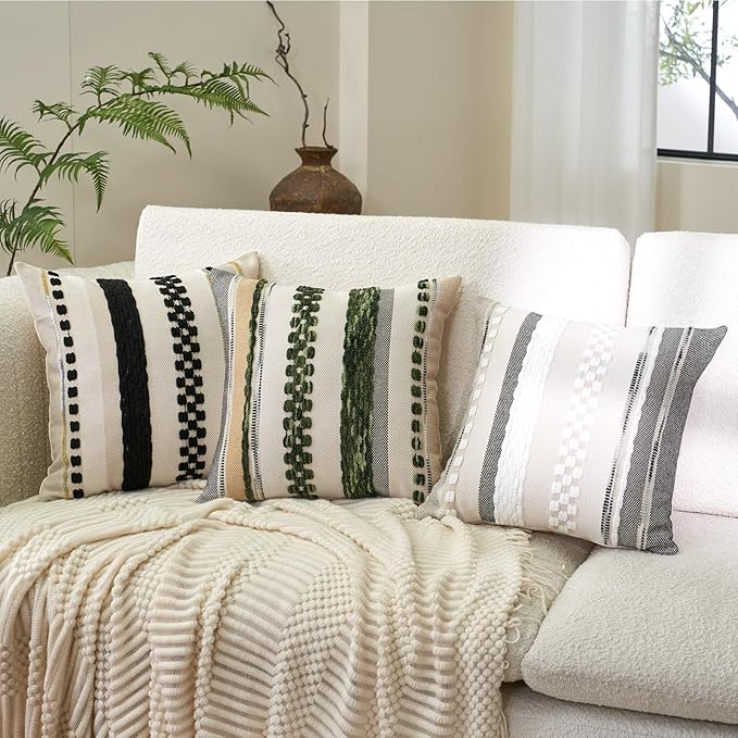 Aeckself Boho Throw Pillow Covers 18x18 Inch Set of 2, Farmhouse Decorative Striped Square Pillow Covers Chenille Tufted Pillow Cases Accent Neutral Pillowcase for Living Room Couch Bed, Black