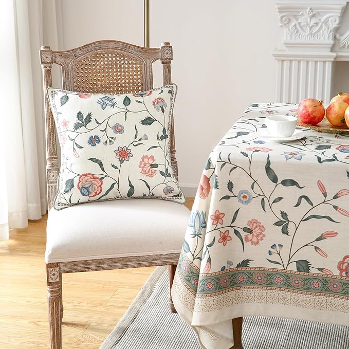 Design Square Retro Elegance Linen Throw Pillow Covers 18"x18" Pack of 2, Green Pink Floral Pattern Cushion Covers Decor Pillowcases for Bed,Living Room,Outdoor,Car