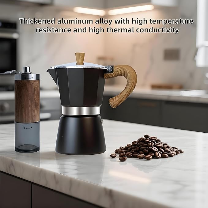 Moka Pot Espresso Coffee Maker and Manual Coffee Bean Grinder, 300ml-6 Cups Espresso Maker, Easy To Use And Clean, Camping Home Use,Suitable For Mocca Puccino Coffee (Black)