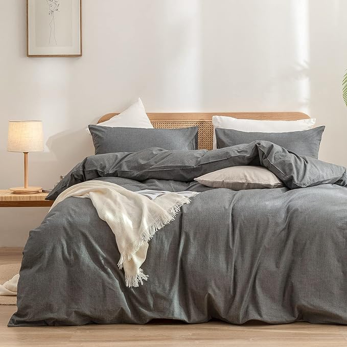 BESTOUCH Duvet Cover Set 100% Washed Cotton Linen Feel Super Soft Comfortable Chic Lightweight 3 PCs Home Bedding Set Solid Dark Grey Queen