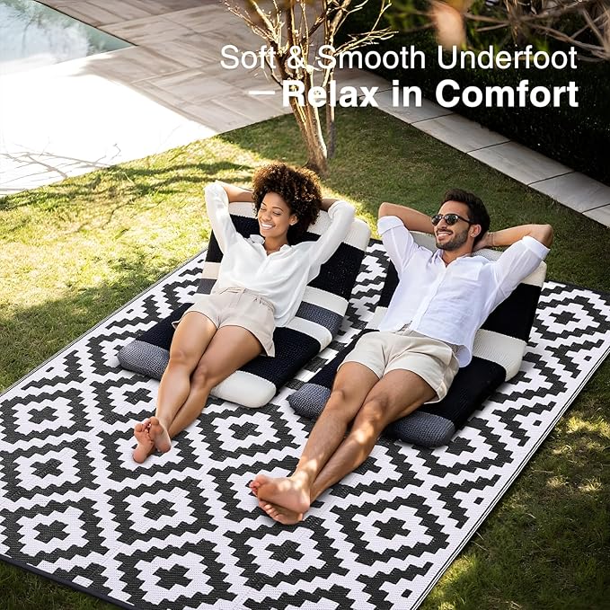 OLANLY Waterproof Outdoor Rug 6x9 ft, Outdoor Plastic Straw Rug for Camping, RV Mat Outside, Indoor Outdoor Carpet for Porch, Deck, Backyard, Balcony, Picnic, Black & White