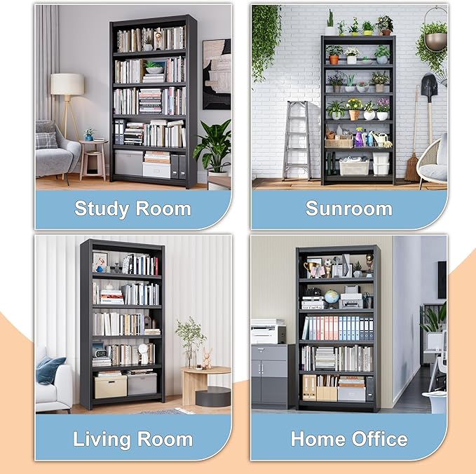 69.3" Tall Metal Bookshelf, 5-Tier Black Bookcase with Wide Open Shelves, Modern Bookshelf with Storage for Living Room, Bedroom, Home Office, Library, Study