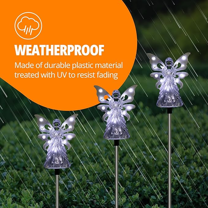 Exhart Garden Solar Lights, Decorative Angel Garden Stake, 12 LEDs, Cute Yard and Pathway Decor, White, 4 x 34 Inch