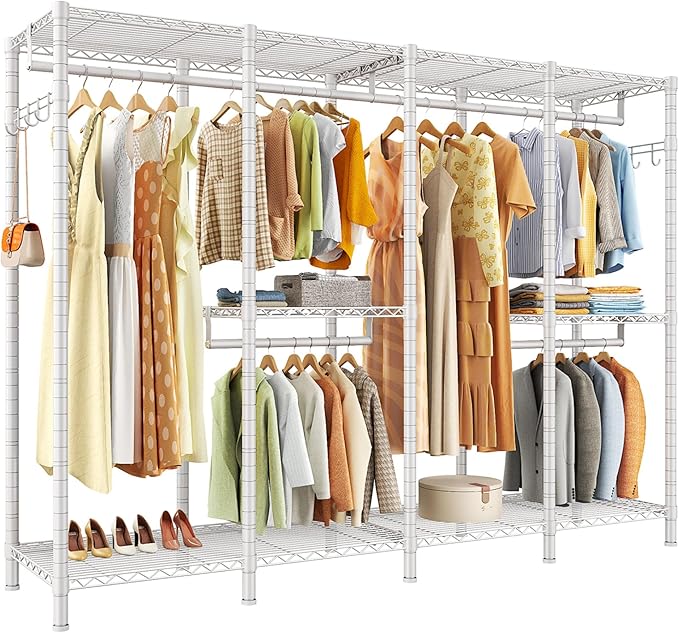 Raybee Clothes Rack Heavy Duty Clothing Racks for Hanging Clothes Loads 1100LBS, Garment Rack Freestanding for Bedroom, 75" H x 75" W x 15.7" D, White