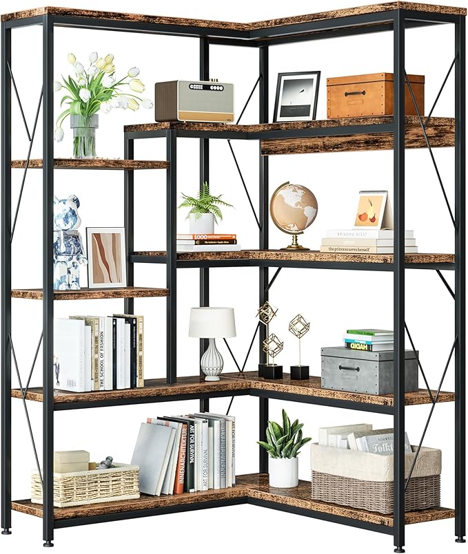 JAMFLY 5-Tier Corner Bookshelf, Industrial Corner Bookcase, Book Shelves with Metal Frame, Large Open Display Bookshelves, L-Shaped Shelf for Living Room, Home Office, Rustic Brown