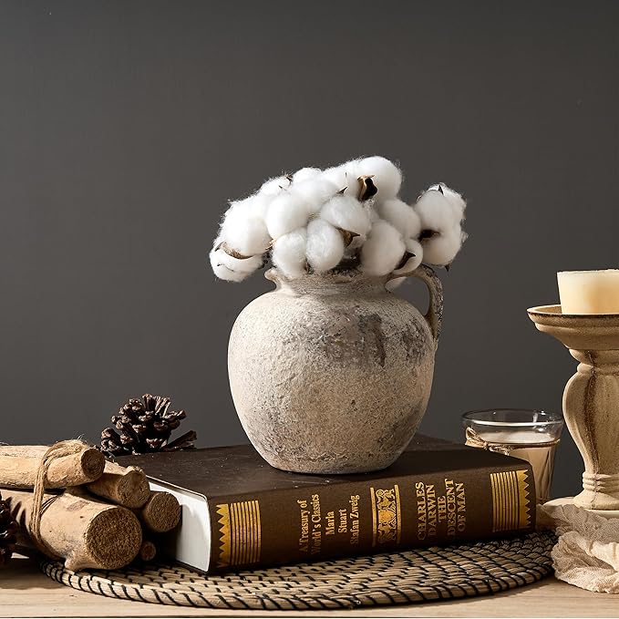 Antique Terracotta Vase with Handle, 5.6 Inch Farmhouse Ceramic Vase Boho Decor Decorative Vase, Rustic Vase for Home Decor, Living Room, Table, Wedding - Distressed Design, Gray