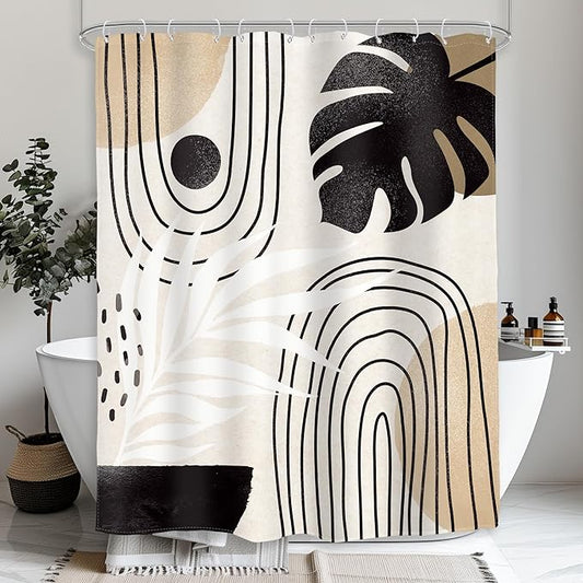 Glawry Boho Mid Century Shower Curtain Small Stall Abstract Black Beige Brown Plant Tropical Palm Leaf Minimalist Bathroom Modern 48Wx72L Inches Bath Accessories Art Home Decor Fabric 8 Pack Hook