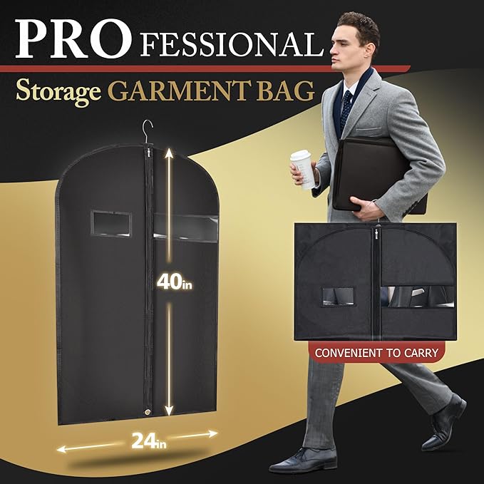 40-inch Garment Bags for Travel, Garment Bags for Hanging Clothes with Zipper and Visible Transparent Window, 2 Pack，Black