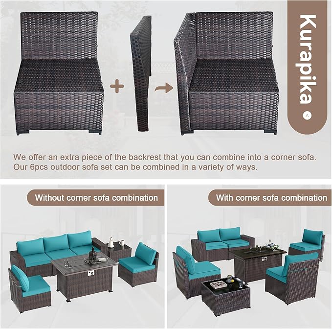 Kurapika 7 Pieces Patio Furniture Set, Rattan Wicker Outdoor Conversation Sets w/43in Propane Fire Pit Table and 4 Inch Cushion(Blue)