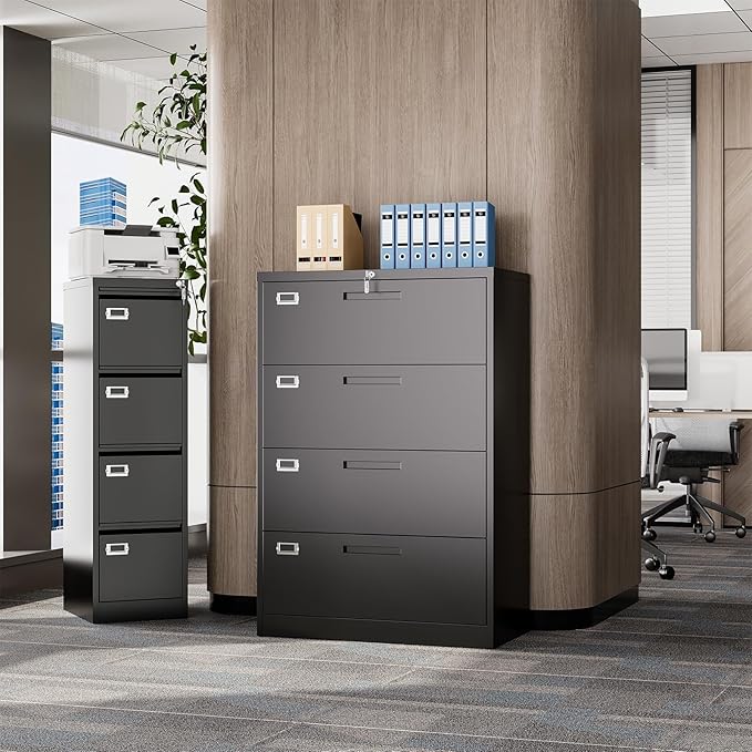 Lateral Filing Cabinet,4 Drawer File Cabinet with Lock,Office Lateral File Cabinets for Legal/Letter A4 Size,Require Assembly, Black