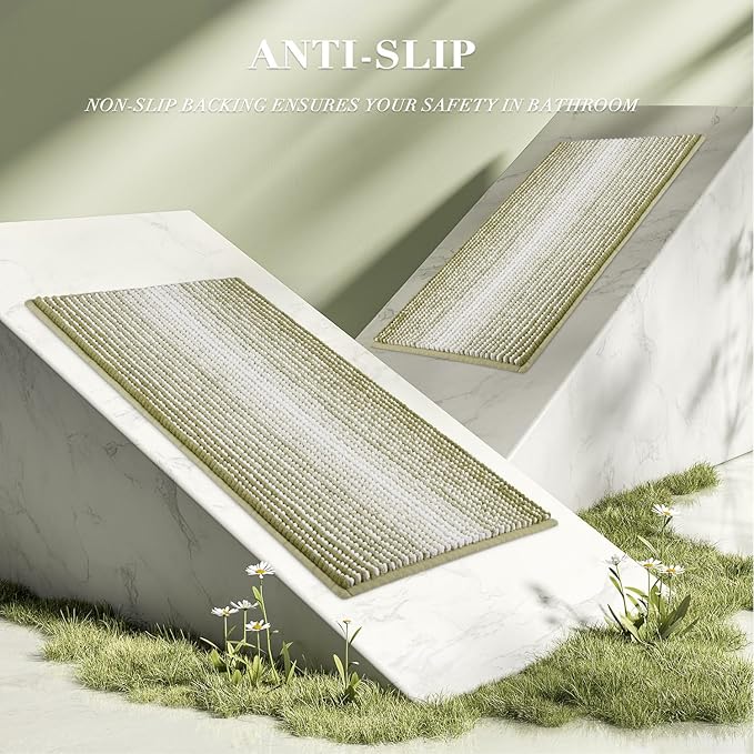 Bathroom Rugs and Mats Sets, 2 Piece Thick Absorbent Chenille Bath Mat Rug Set Non Slip, Soft Shaggy Bath Room Floor Mats for Bathroom, Machine Washable (Linden Green, 20" x 32" Plus 16" x 24")