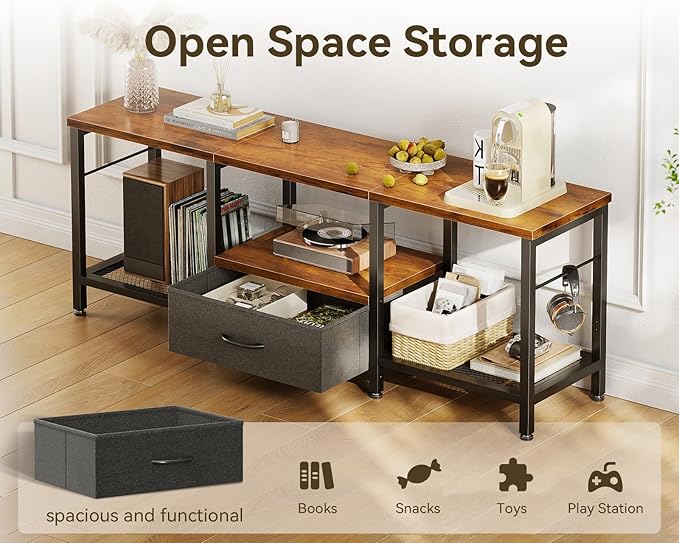 Casaottima 47" TV Stand with Open Storage Shelves up to 55 Inch TVs, Entertainment Center with Fabric Drawers, TV Console Table with Soundbar Shelf TV Stand for Living Room Bedroom, Vintage and Black