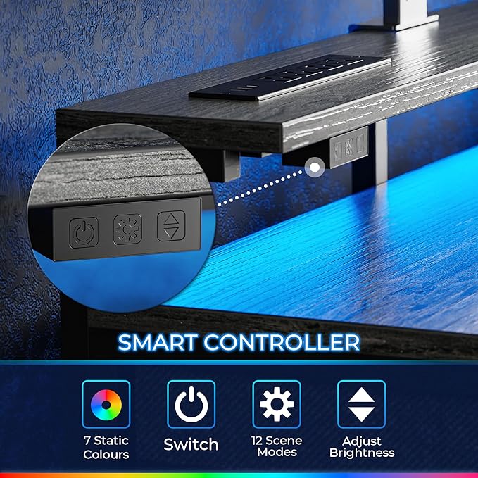 Huuger Gaming Desk with 6 Drawers, Computer Desk with LED Lights Power Outlets and Type-C, 39 Inch Office Desk with Storage, Monitor Stand, Writing Desk Work Desk for Home Office, Bedroom, Study, Grey