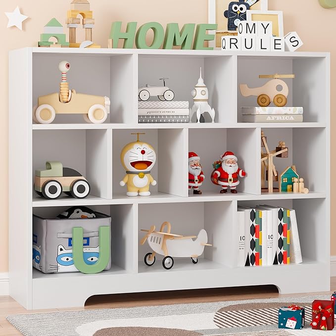 Kids Book Shelf Set of 2, 10 Cubes Storage Organizer Montessori Bookshelf, 3-Tier Wooden Kids Bookcase, Toy Storage Organizer for Children, White Toddler Bookshelf Cube Shelf for Kid’s Room