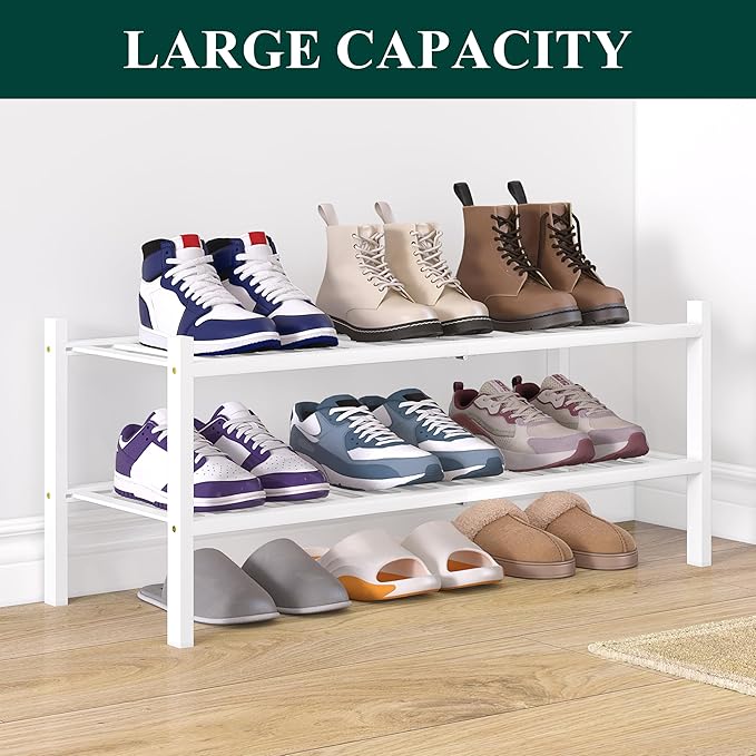 Smiry Bamboo Shoe Rack for Closet, 2 Tier Wooden Stackable Shoe Organizer, Free Standing Shoes Storage Shelf for Entryway, Front Door Entrance, White