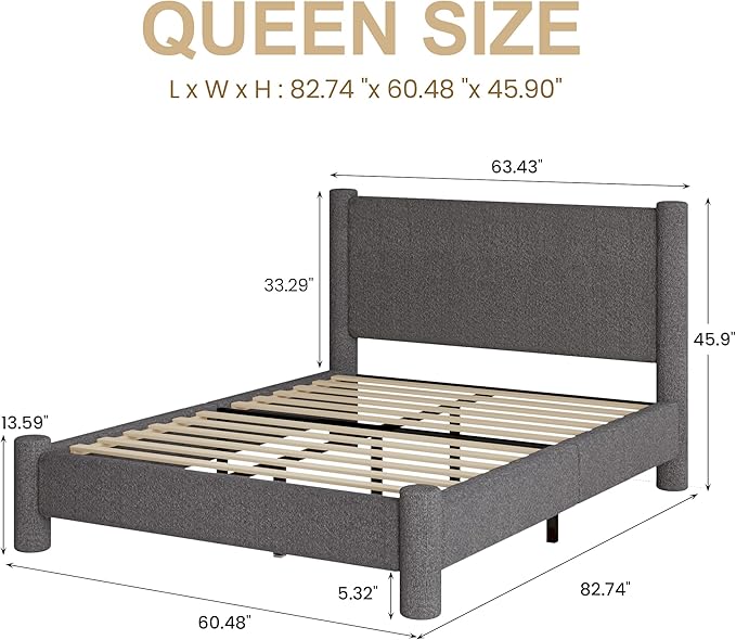 Queen Size Bed Frame, Boucle Upholstered Platform Bed with Headboard and Footboard, Soft Rounded Corners, No Box Spring Required, Easy Assembly, Dark Grey