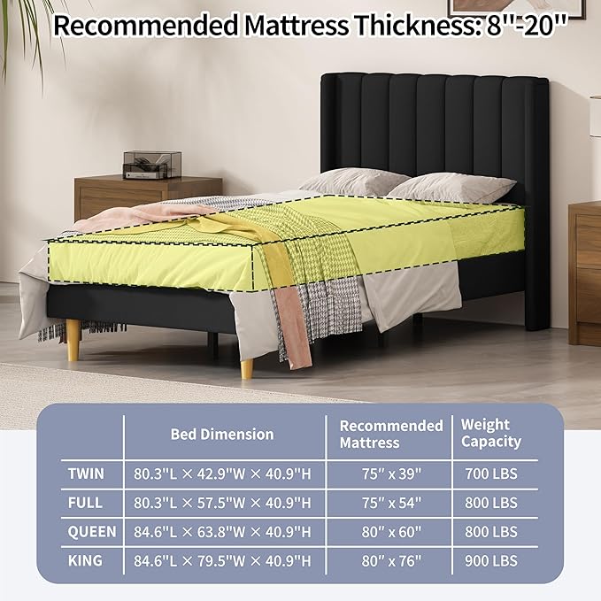 Twin Size Upholstered Platform Bed Frame with Modern Wingback & Vertical Panel Headboard, Linen Fabric, Wooden Legs & Slats Support, No Box Spring Needed, Noise-Free & Easy Assembly, Black