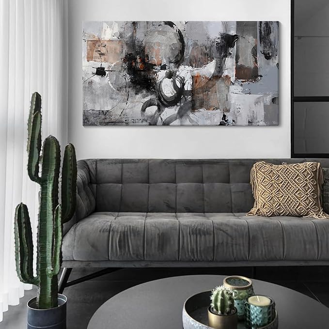 Pogusmavi Black Abstract Canvas Wall Art Living Room Gray and White Wall Decor Paintings for Wall Decorations Modern Wall Decor for Bedrooms Large Framed Artwork for Walls 24×48IN