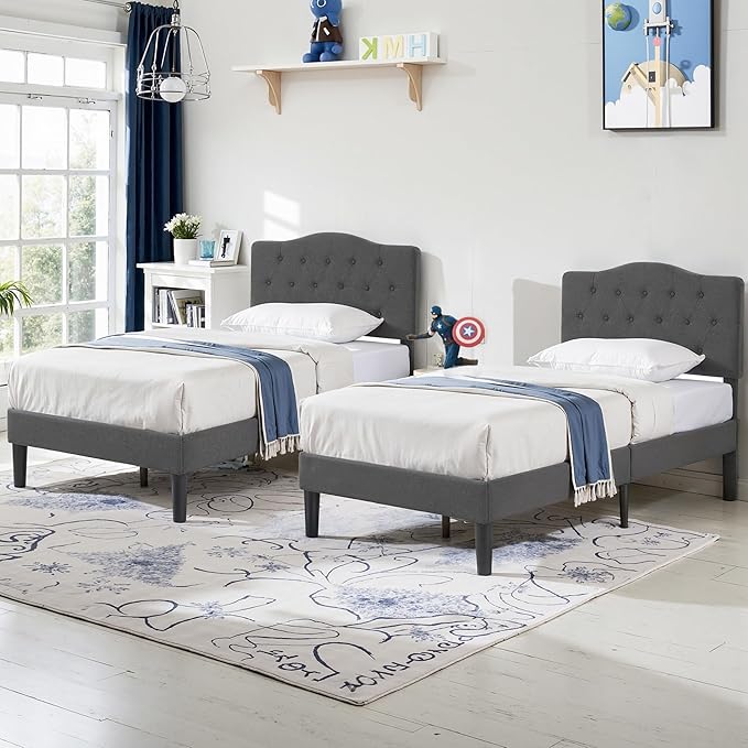 VECELO Twin Size Bed Frame Upholstered Platform with Tufted Adjustable Headboard/Mattress Foundation with Wood Slat Support, Easy Assembly,Grey