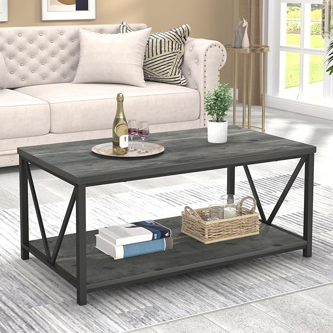 EXCEFUR Coffee Table, Rustic Wood and Metal Center Table for Living Room, 39.3 Inch Grey