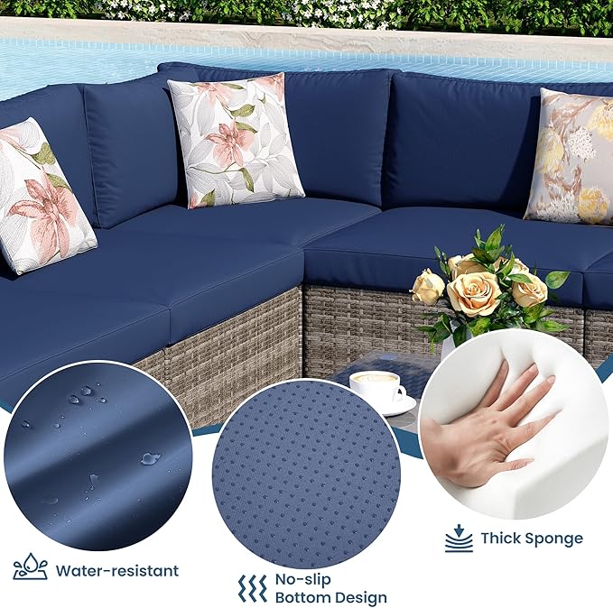 8 Pieces Outdoor Patio Furniture Set with 43" Fire Pit Table, Wicker Outdoor Patio Sectional Sofas Coffee Table, All-Weather Patio Conversation Set with Cushions for Garden Backyard, Navy Blue