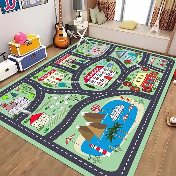 Kids Playmat Car Rug, Kids Play Rugs Town City Road Map Rug, Large Educational Car Mat, Boys Track Play Mat, Kid Rugs for Playroom Bedroom Living Room (Style 2, 78.7X 59 INCH)
