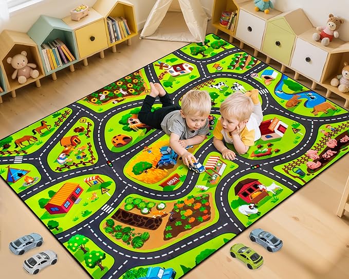 Kids Farm Play Rug, 4x6 Ft Happy Farm Activity Playmat, Extra Thick (0.4in) - Non-Slip Car Rugs for Kids' Toy Cars, Educational Play Mat Race Track Carpet for Kid's Room, Bedroom and Learning